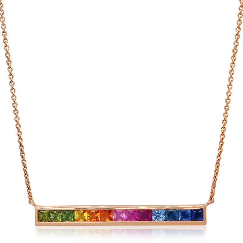 14k Rose Gold Rainbow Sapphire Bar Necklace
