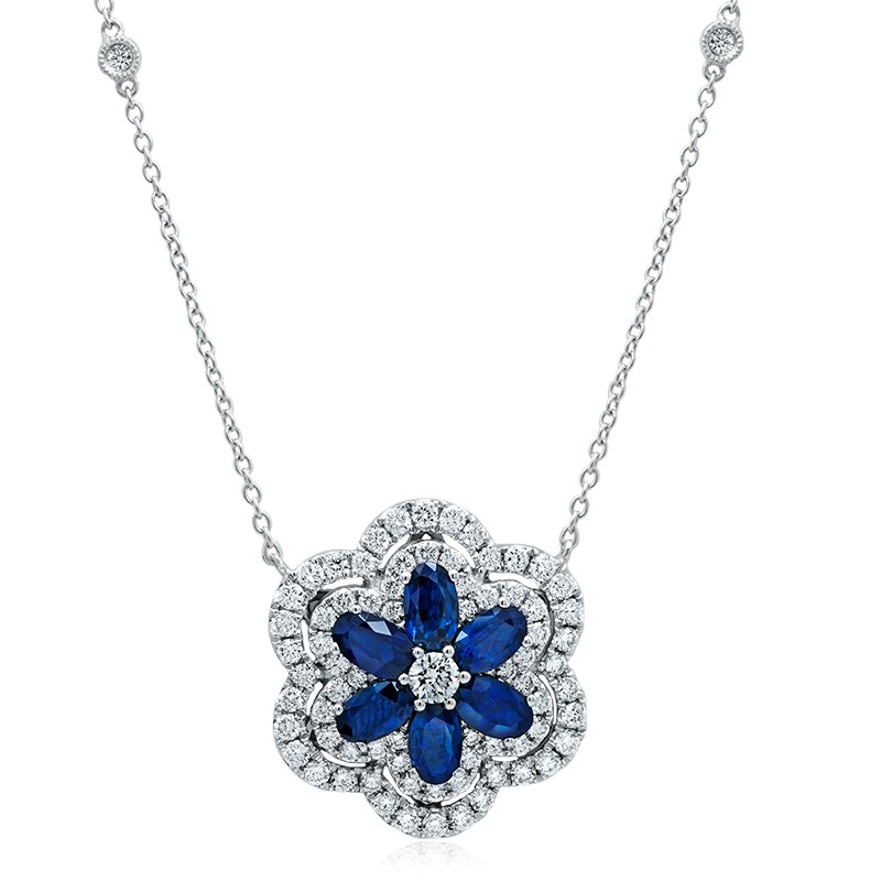 18k White Gold Oval Sapphire Flower Necklace