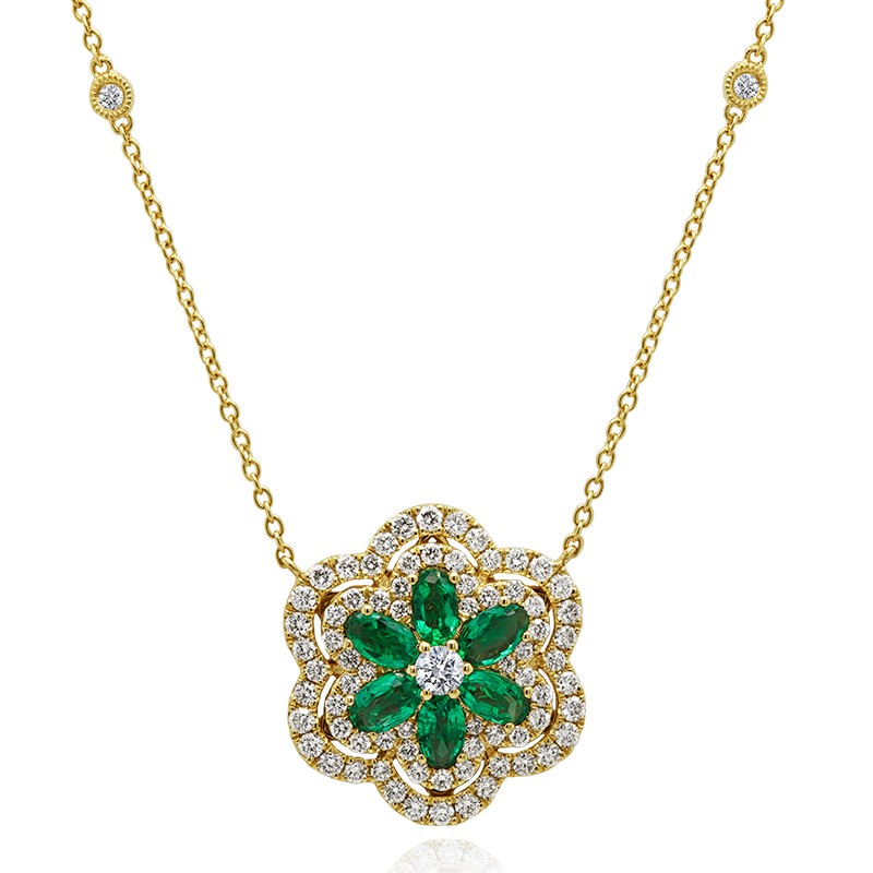18k Yellow Gold Oval Emerald Flower Necklace