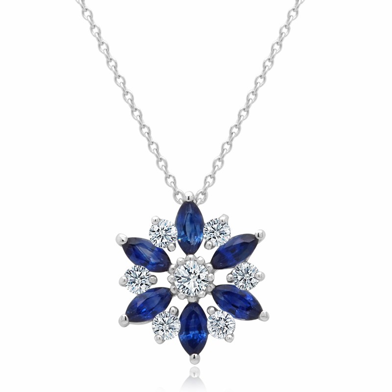14k White Gold Diamond Sapphire Flower Necklace