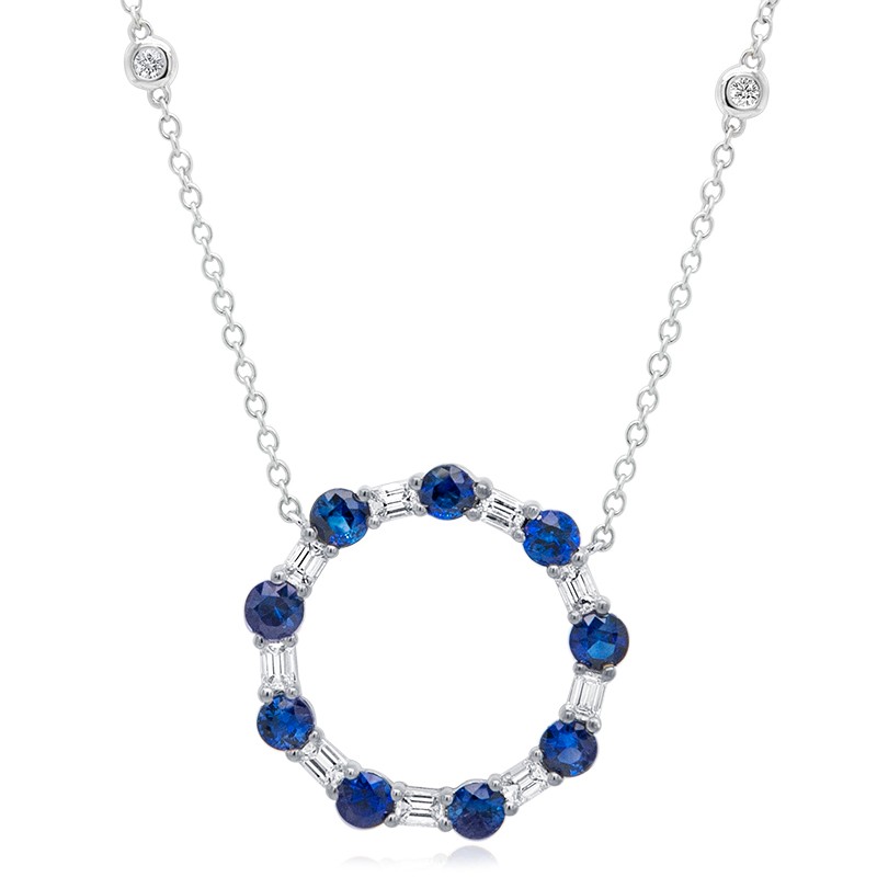 18k White Gold Sapphire and Diamond Open Circle Necklace