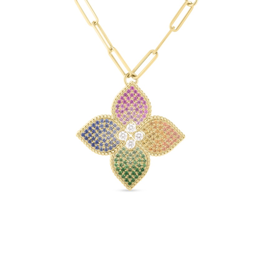 18K Yellow Gold Venetian Princess & Mixed Sapphire Flower Long Necklace