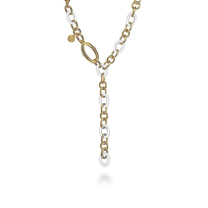 14K Yellow Gold Hollow Tube and White Oval Ceramic Y Knots Necklace