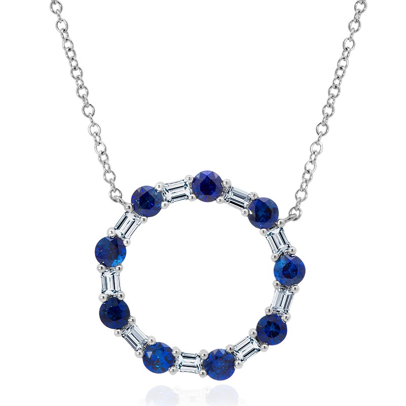 18k White Gold Sapphire and Diamond Open Circle Necklace