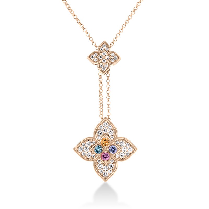 18K Rose Gold Venetian Princess Carnival Pavé Diamond & Mixed Stones Double Flower Lariat Necklace