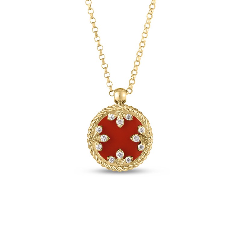 18K Yellow Gold Venetian Medallions Small Diamond and Red Agate Necklace