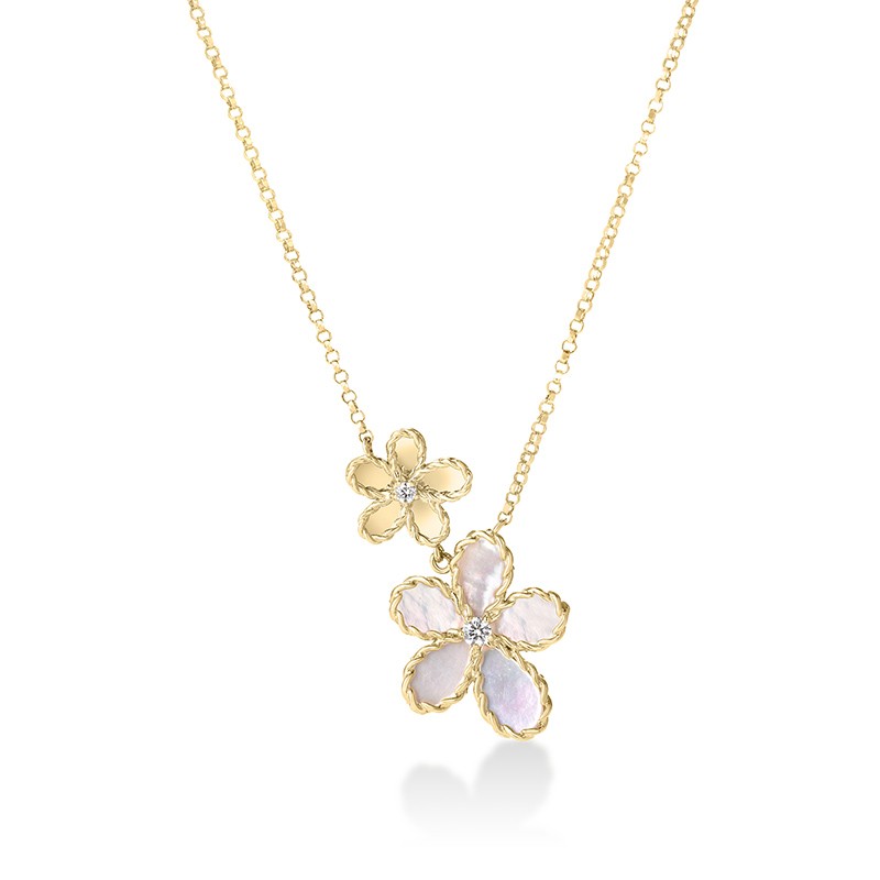 18K Yellow Gold Jasmine Diamond & Mother of Pearl Double Flower Necklace