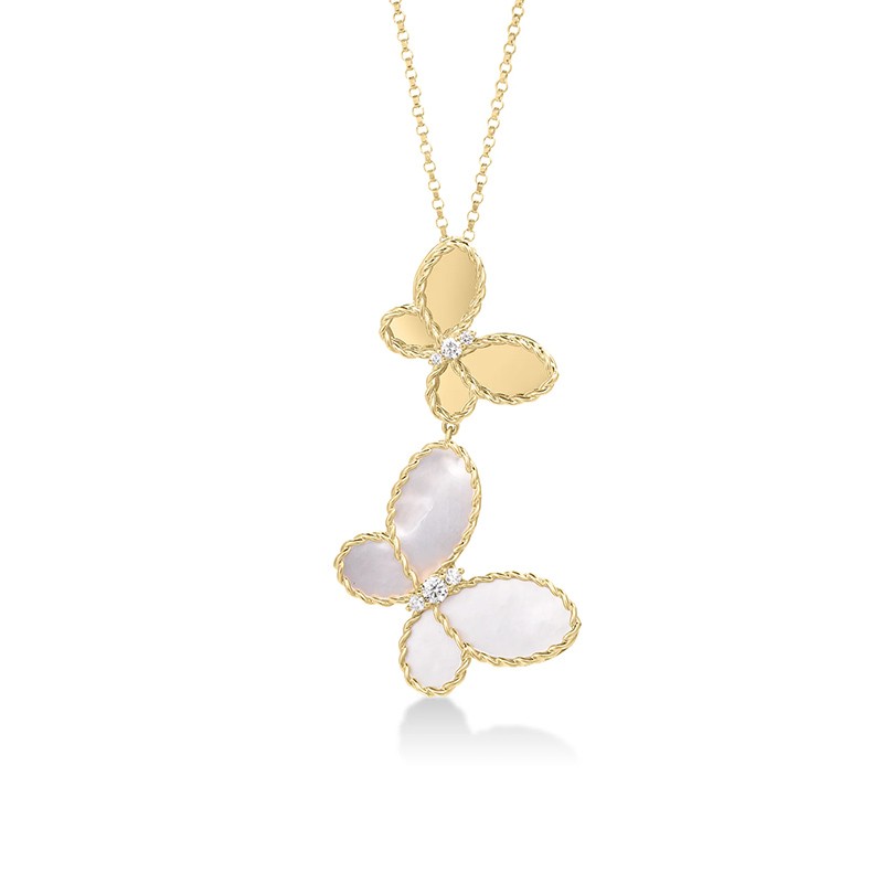 18K Yellow Gold Diamond & Mother of Pearl Butterfly Necklace