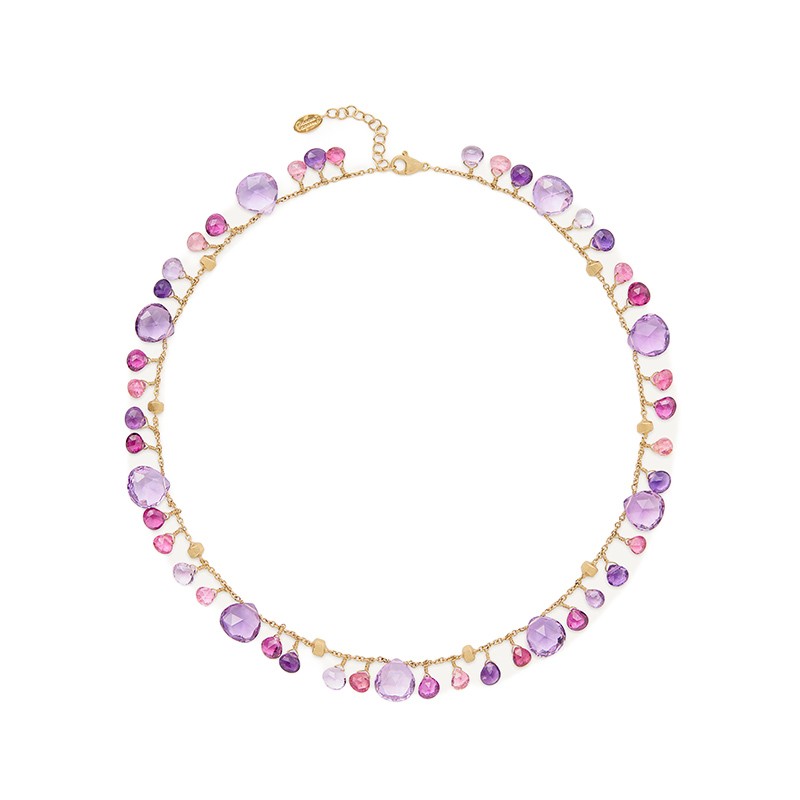 18K Yellow Gold Amethyst and Pink Tourmaline Necklace, 16.5"-18"