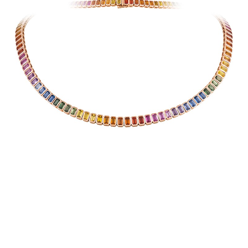 Rose Gold Emerald Cut Multi Color Sapphire Necklace
