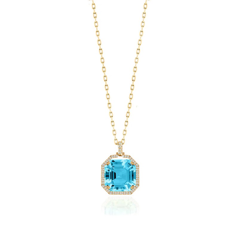 18K Blue Topaz Asscher Pendant with Diamond Halo