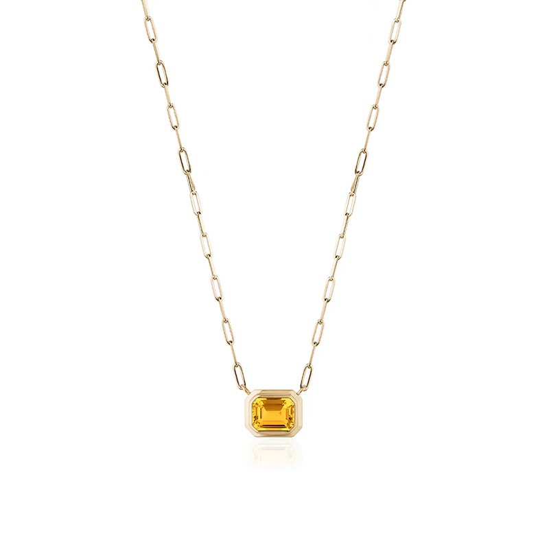 18K East-West Emerald Cut Citrine Bezel Pendant Necklace