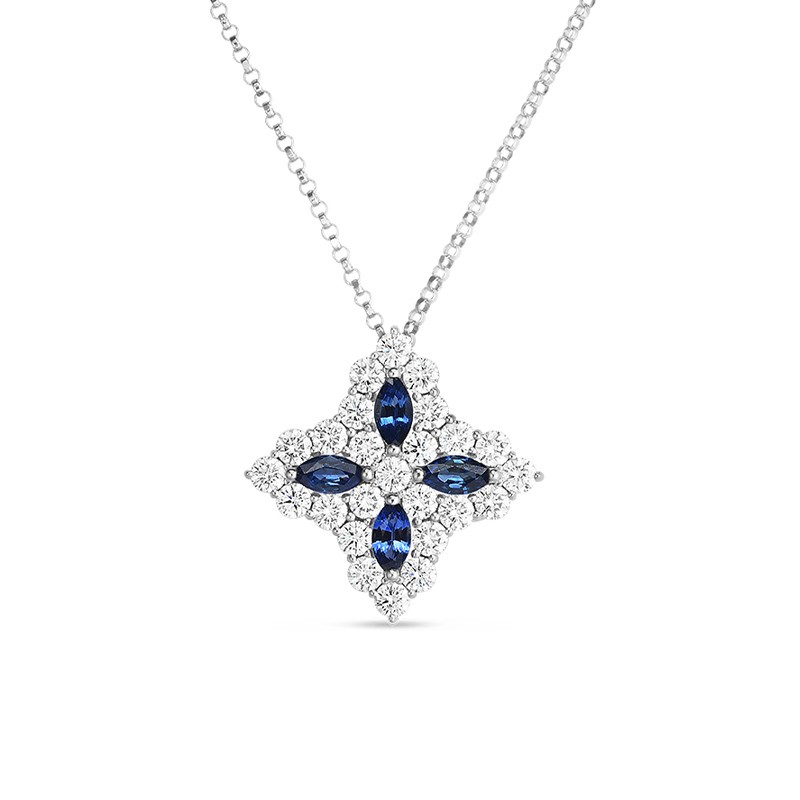 18K White Gold Diamond & Sapphire Flower Necklace
