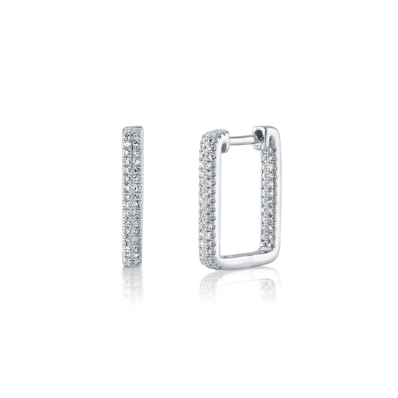 14K White Gold Diamond Rectangle Hoop Earrings