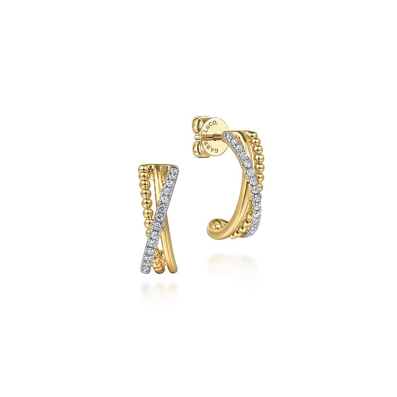 14K Yellow Gold Diamond Bujukan J-Hoop Earrings