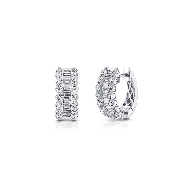 18K White Gold Diamond Baguette Huggie Earrings