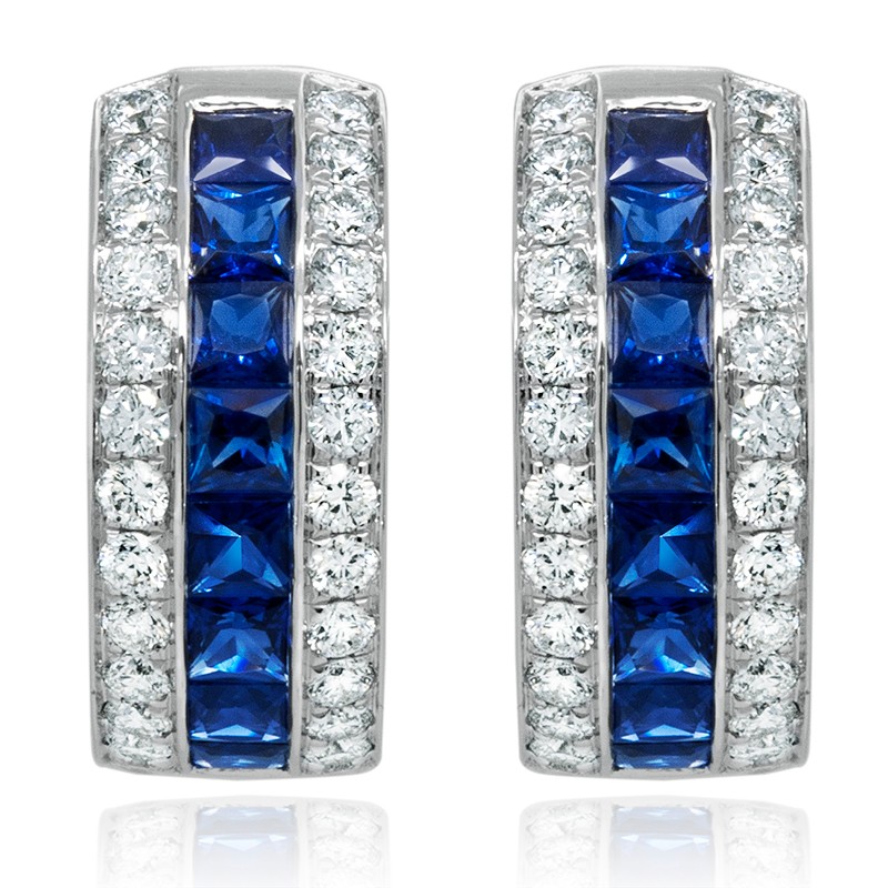 18k White Gold Sapphire Diamond Huggie Earrings