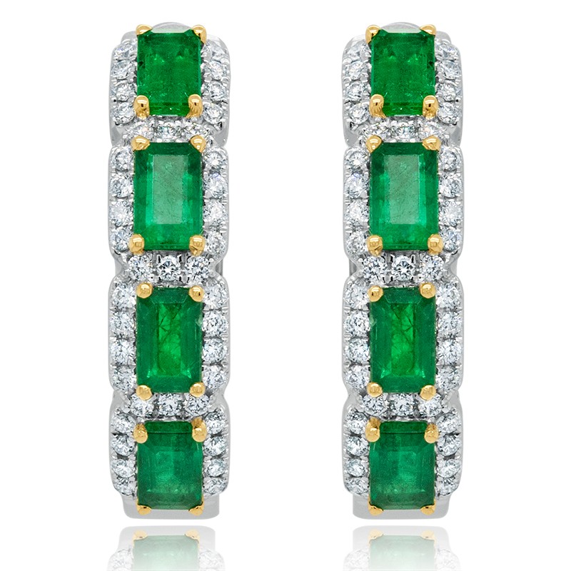 18k Two Tone Emerald Diamond Hoop Earrings