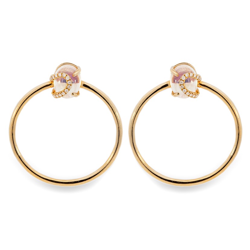 18K Rose Gold Moonstone Diamond Hoop Earrings