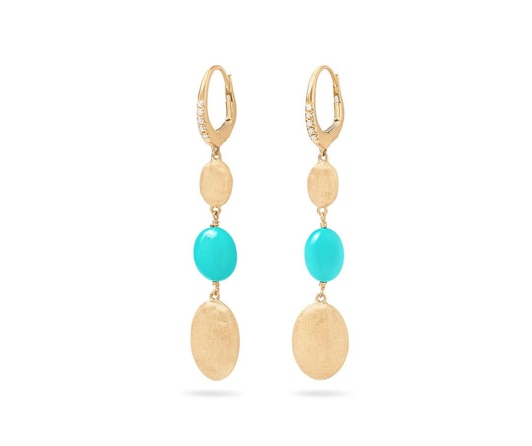 18K Yellow Gold Drop Earrings with Turquoise and Diamond Clip