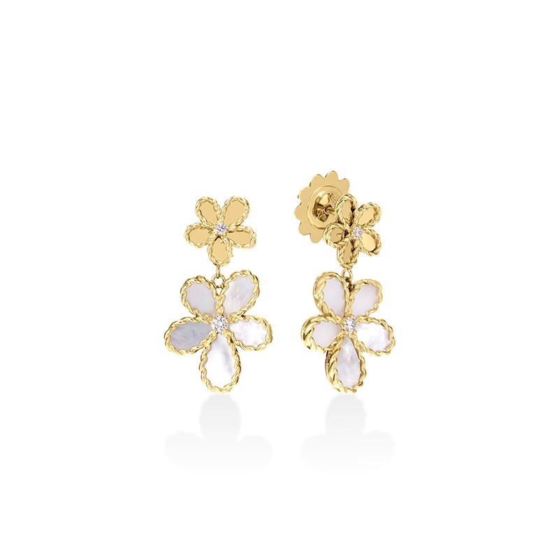 18K Yellow Gold Jasmine Diamond & Mother of Pearl Double Flower Drop Earrings