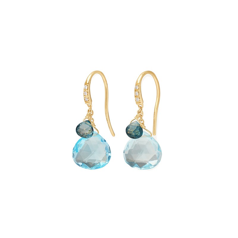 18K Yellow Gold Blue Topaz Earrings, 1"