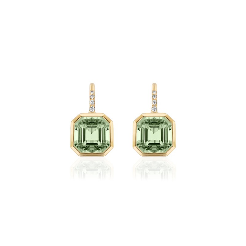 18K Yellow Gold Diamond & Prasiolite Octagonal Bezel Drop Earrings