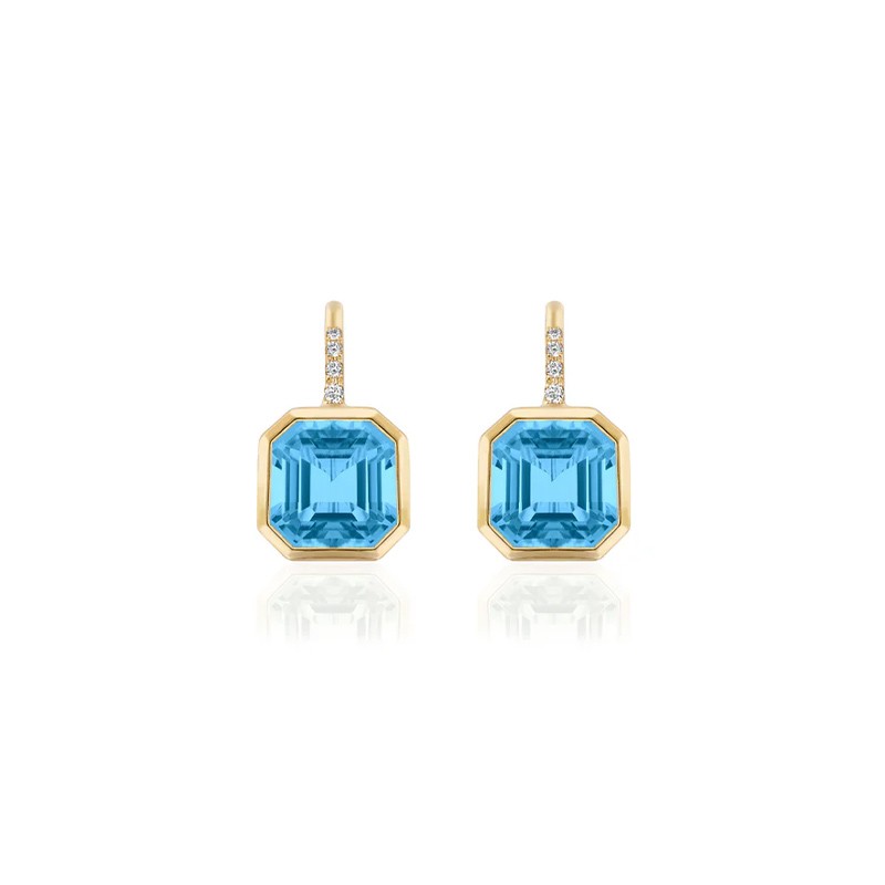 18K Yellow Gold Diamond & Blue Topaz Octagonal Bezel Drop Earrings