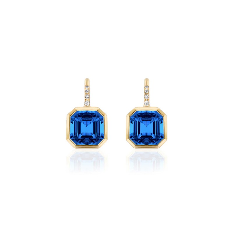 18K Yellow Gold Diamond & London Blue Topaz Octagonal Bezel Drop Earrings
