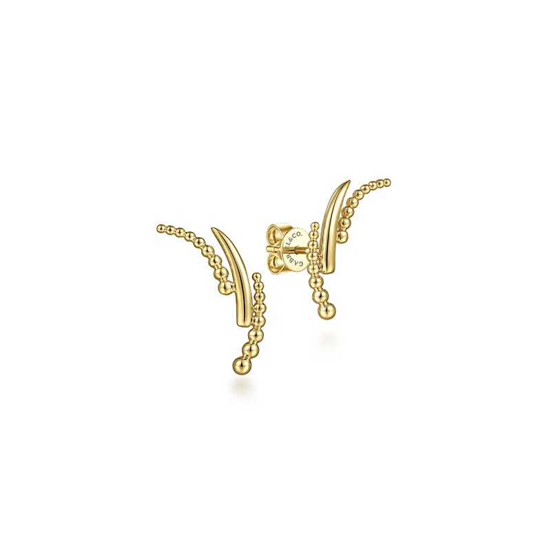 14K Yellow Gold Curving Three Row Bujukan Ball Stud Earrings