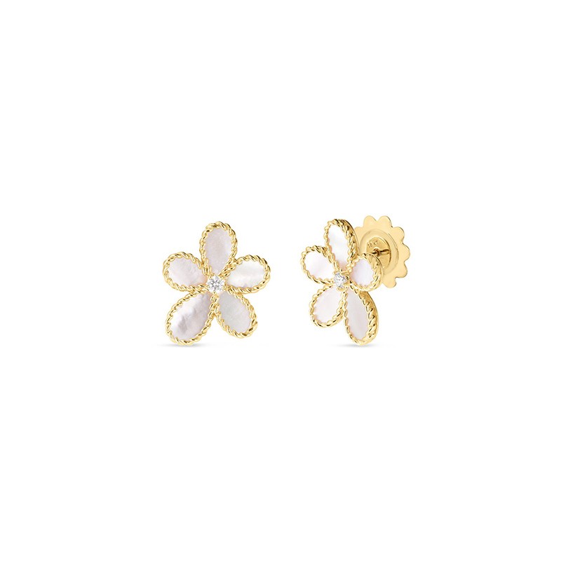 18K Yellow Gold Jasmine Diamond & Mother of Pearl Flower Stud Earrings