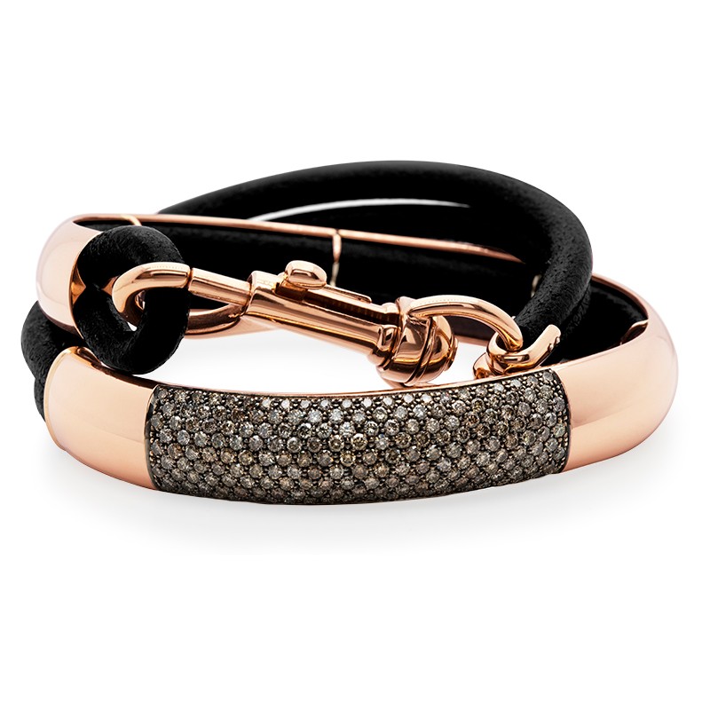 18k Rose Gold Brown Diamond Black Leather ID Bangle Bracelet
