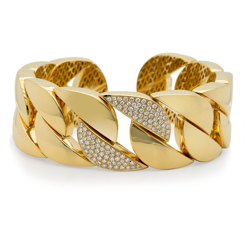 18k Yellow Gold Diamond Curb Link Flex Cuff Bracelet