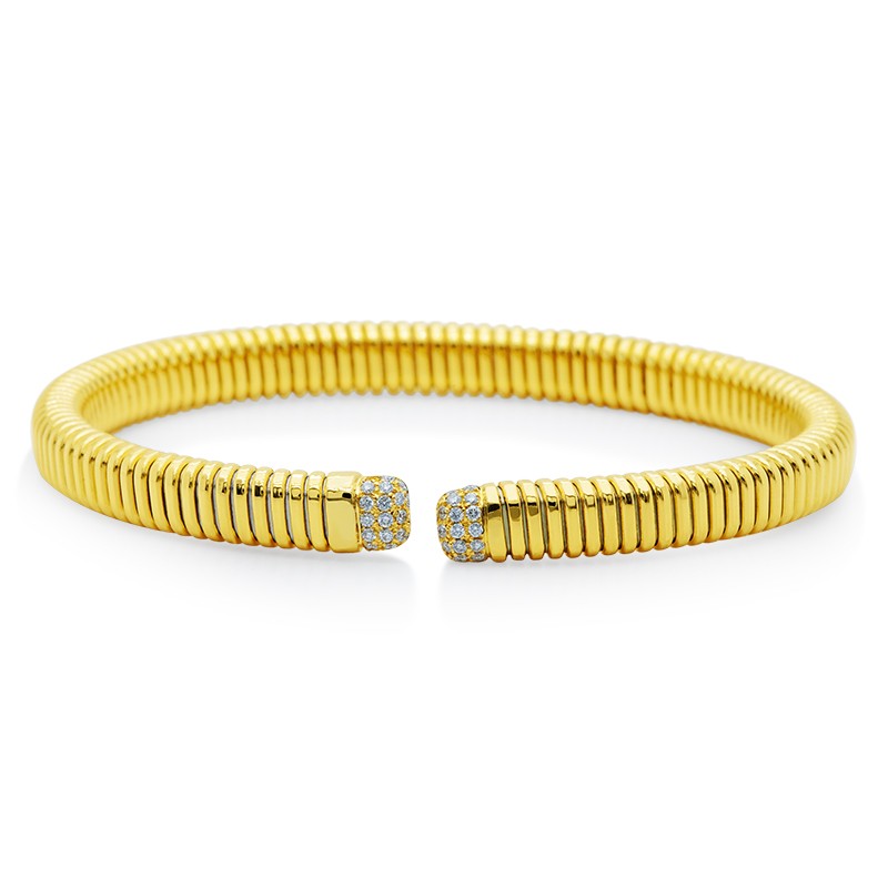 18k Yellow Gold Corrugated Wire Diamond Tip Flex Cuff Bangle