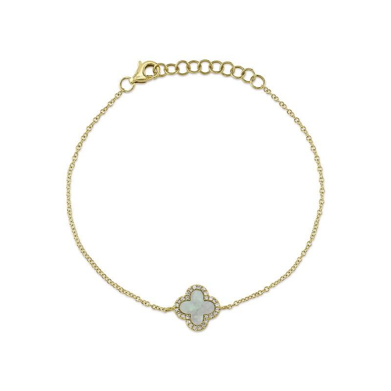 14K Yellow Gold Diamond and Mother of Pearl Clover Bracelet