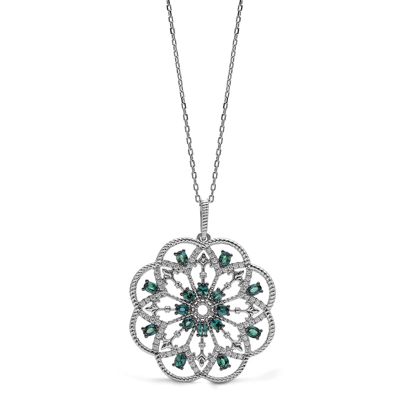 18k White Gold Alexandrite Diamond Flower Necklace