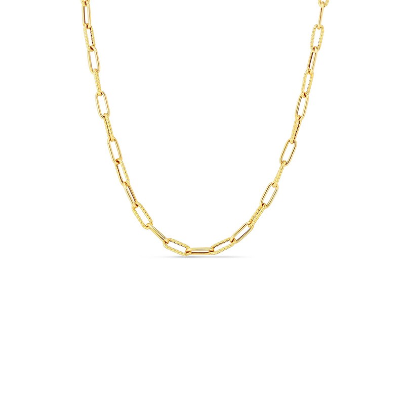 DESIGNER GOLD ALTERNATING POLISHED AND FLUTED PAPERCLIP LINK CHAIN NECKLACE