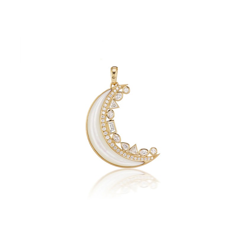 18K Yellow Gold Crescent Moon Inlay Pendant