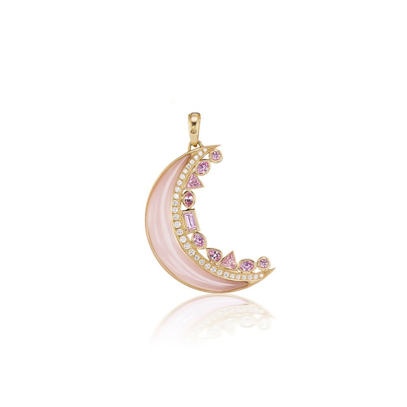 18K Yellow Gold Crescent Moon Inlay Pendant