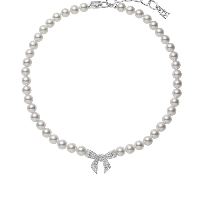 Akoya Cultured Pearl and Diamond Bow Charm Necklace in 18K White Gold