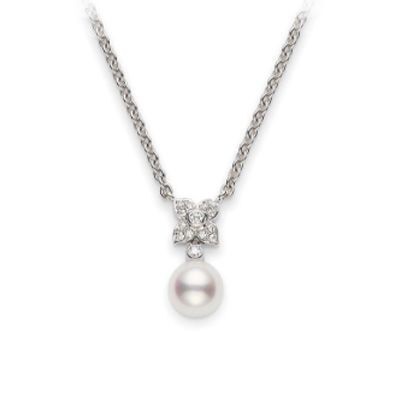 Akoya Pearl Diamond Flower Pendant Necklace