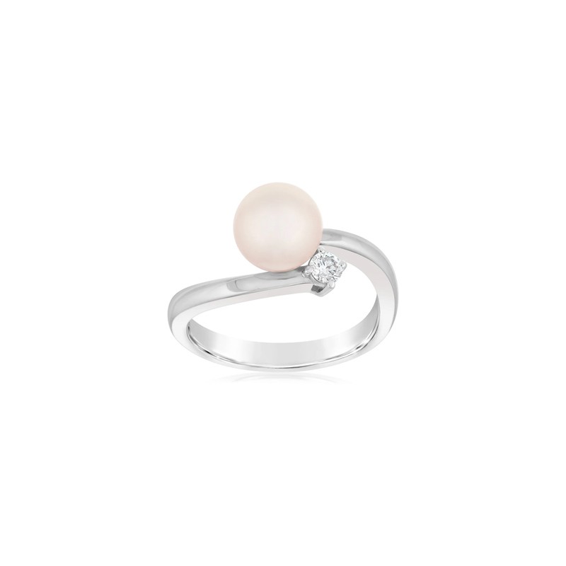 Akoya Cultured Pearl & Diamond Bypass Ring in White Gold, Size 6.5