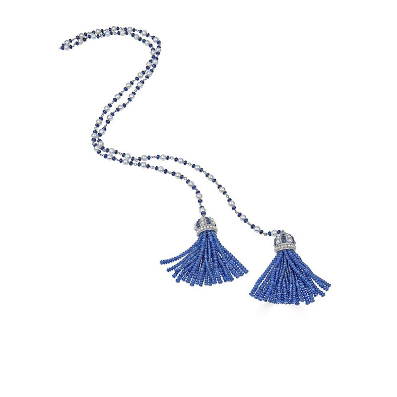 18K White Gold Sapphire Bead and Diamond Capri Tassel Lariat