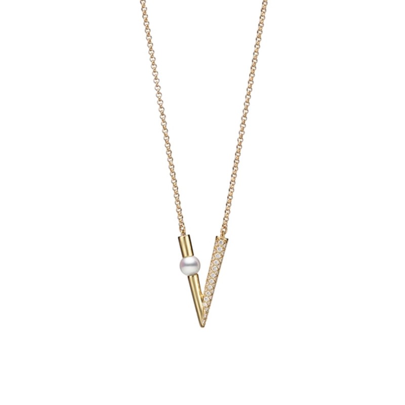 Akoya Cultured Pearl and Diamond V Code Pendant in 18K Yellow Gold