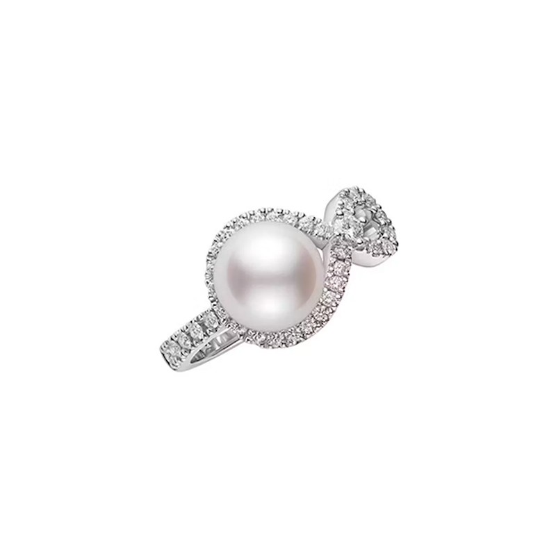 18K White Gold A+ Akoya Pearl and Diamond Ring