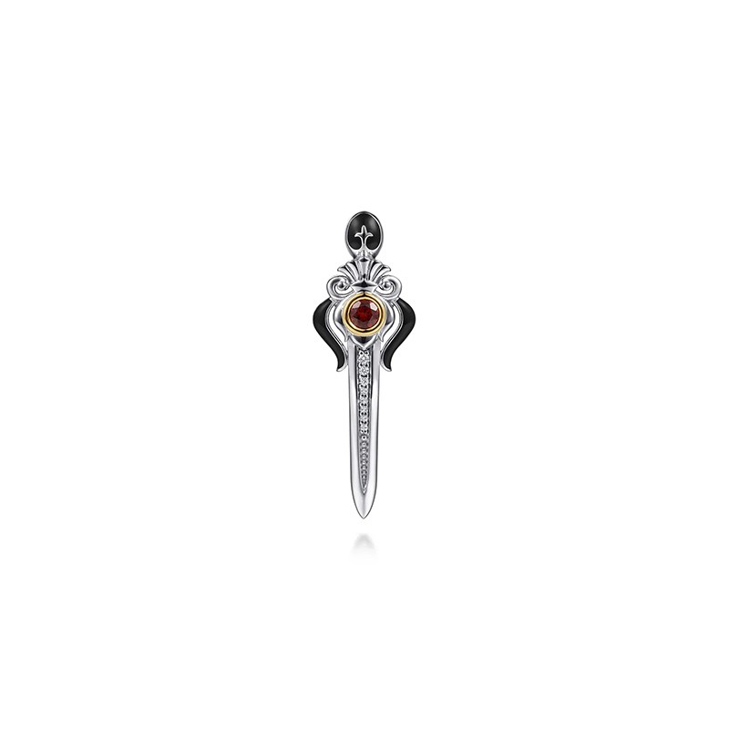 Silver and 14K Yellow Gold Garnet and White Sapphire Dagger Pin