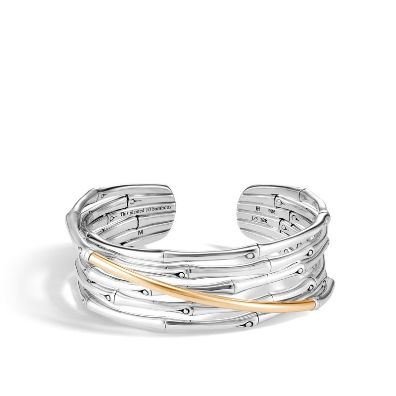 Silver and 18k Yellow Gold Bamboo Crossover Flex Cuff Bracelet