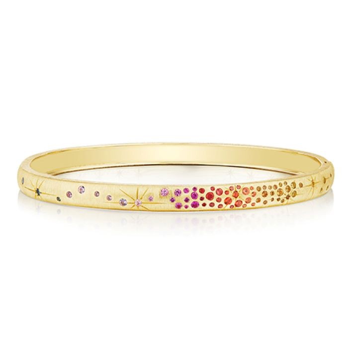 18k Yellow Gold Thin Galaxy Rainbow Sapphire Bangle Bracelet