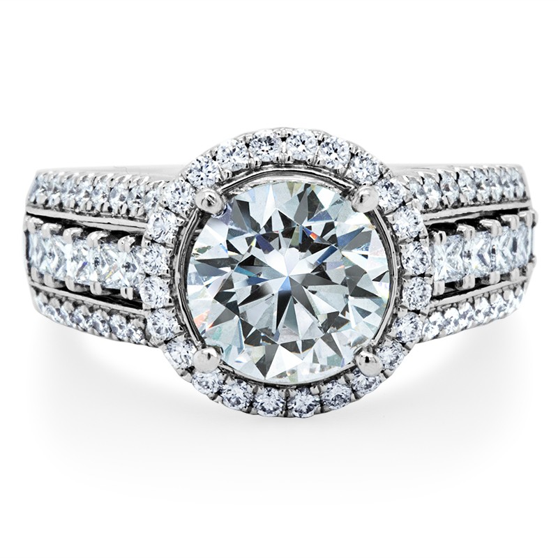 18k White Gold Round Diamond Halo 3 Row Shank Engagement Ring