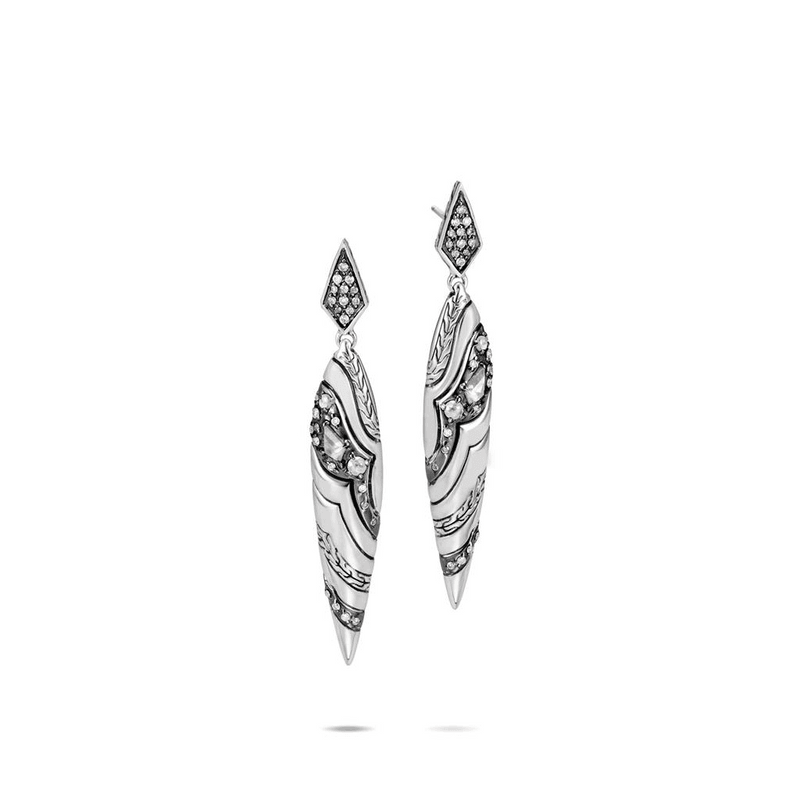 Silver Lahar Diamond Grey Long Marquise Drop Earrings